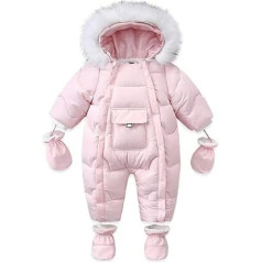 BRONG Baby Boys Girls Winter Snowsuit Hooded Jacket Boots Romper with Gloves Toddler Jumpsuit with Removable Fur Trim Pink 6-9 Months