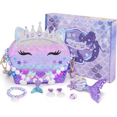 6-Piece Handbag for Girls, Mermaid Jewellery Set for Children, Gifts Toy for Princess Girls, Jewellery Set for Party Dress Up/Pretend Play, Gift for 3 4 5 6 Years