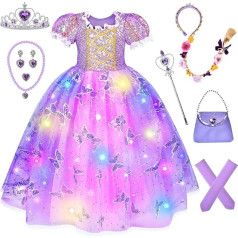Luminous Rapunzel Costume Children, LED Princess Dress Girls from 3-12 Years, Carnival Costume Children with Hairband, Sleeve Cover, LED Princess Girls' Dress for Fancy Dress Party