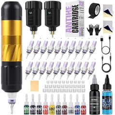 AK-TK3001EU-9 Wireless Tattoo Machine Set with 2 x 1500 mAh LED Digital Display Tattoo Battery 20 Pieces Tattoo Needles 11 Tattoo Colour Tattoo Starter Set Complete for Beginners and Tattoo Artists