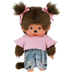 Sekiguchi 253845 Original Monchhichi Girl with Jeans and T-Shirt, Approx. 20 cm Cuddly Toy Made of Brown Plush, Pink