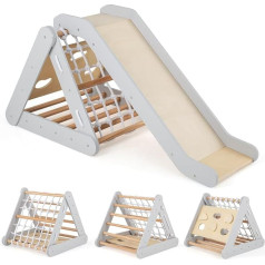 DREAMADE 4-in-1 Climbing Triangle with Slide and Climbing Net, Wooden Triangle Climbing Toy, Indoor Climbing Frame for Sliding and Climbing for Children from 1 Year (Grey)