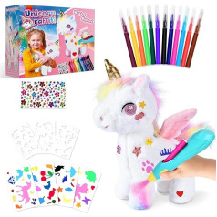 Aragallant Unicorn Cuddly Toy Airbrush Electric Set for Girls, Unicorn Toy with Paint Spray Pen, 12 Felt Tip Pens & 30 Stencils, Stickers, DIY Plush Toy, Creative Gifts for Children