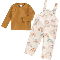 BSaogr Toddler Girls Autumn Outfits Dungarees Overall Set Long Sleeve Ribbed Top Rainbow Braces Trousers 2-Piece Clothing