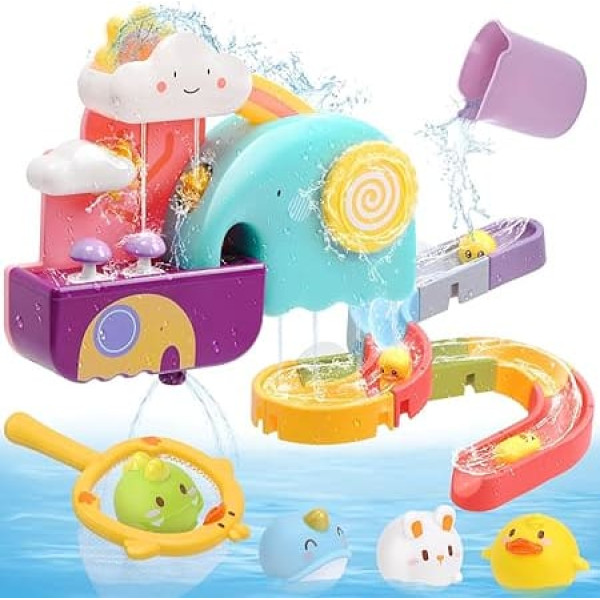CUTE STONE Baby Bath Toy, Bath Toy with Water Slide, Floating Splash Toy, Duck Fishing Net Game, Toddler Shower Toy, Water and Pool Toy