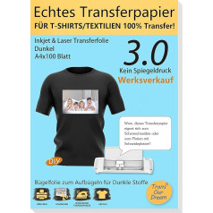 TransOurDream 100 Sheets + 10 Silicone Paper, A4, Real Inkjet / Laser Transfer Film, Iron-On Film for Dark Textiles, T-Shirt Paper for Dark T-Shirts, Textile Films, Transfer Paper