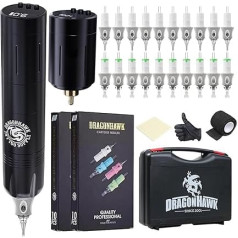 Dragonhawk Tattoo Machine Set Rotary Wireless Tattoo Machine Motor Gun LCD Display with 2 Batteries Rechargeable Tattoo Needles Cartridges Complete Kit for Tattoo Beginners