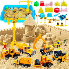 Magic Sand for Children, Construction Site Magicsand Case, Kinetic Sand Set with 1 kg Kneading Sand, 6 Construction Site Vehicles, 12 Sand Moulds, 9 Road Signs and Accessories, Kinetic Sand
