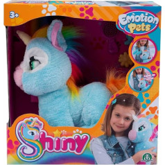 Giochi Preziosi Emotion Pets Shiny Plush Toy Unicorn Games for Children 3 Years +, Interactive Plush Toy with Brush and 2 Colourful Clasps, Light Blue and Rainbow Mane and Tail