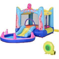 Outsunny Inflatable Bouncy Castle with Slide, Jumping Castle, Play Castle, Water Park for Children, Trampoline, Inflatable Water Slide, Pool for 3-8 Years, Octopus Pattern, Oxford Fabric, 360 x 175 x