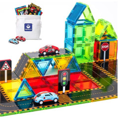 hahaland Magnetic Building Blocks 64 Pieces Street Attachment Set, Magnetic Building Blocks with Car Toy for 3 Years Children, Magnetic Building Blocks Gifts for Boys and Girls from 3 4 5 6 7 Years