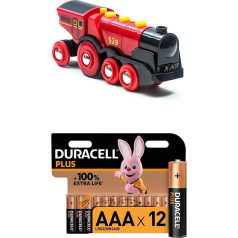 BRIO World 33592 Red Lola Electric Locomotive - Battery Locomotive with Light & Sound - Toddler Toy Recommended from 3 Years + Duracell Plus AAA Alkaline Batteries, Pack of 12