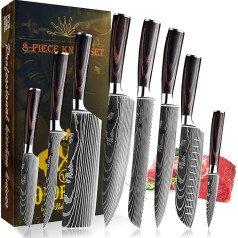 Professional Kitchen Knife Set | Chef's Knife, Santoku & Bread Knives and Others | Stainless Steel Laser Pattern with Pakkawood Handle | Gift Box Set