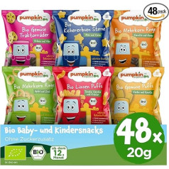 Pumpkin Organics Kindersnack Bestseller (6 x 8 Pack) Baby Snacks without Additives from the 12th Month - Allergy-Free ² and Gluten Free³ Crispy Snacks for Children - 6 Different Varieties (48 x 20 g)