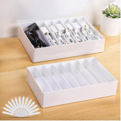 PAVSTINE Data Cable Organiser without Cover, Large, Pack of 2, Cable Box, White with Adjustable Compartments, Cable Organiser with 14 Cable Ties for Storing Stationery, Batteries and Charging Cables