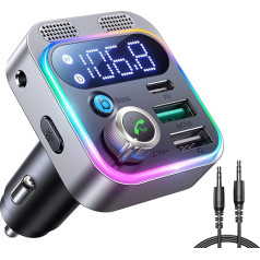 JOYROOM Aux Bluetooth Adapter Car, 48 W Bluetooth 5.3 FM Transmitter Car Radio [Dual Microphones & HiFi Bass] Music Player, AUX Port & USB Stick