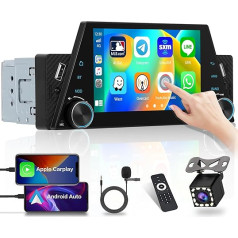 Hikity 5 Inch Touchscreen Car Radio Bluetooth 1 DIN with Carplay & Android Car & Mirror Link Car Radio Touch Display with FM Radio SWC 2USB & Type-C Mic Telecomando Reversing Camera