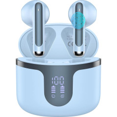 HKERR Bluetooth Headphones, Bluetooth 5.3 Stereo HiFi Headphones with Microphone 4 HD, Bluetooth Headphones 50 Hours LED Display, Touch Control, USB-C, Wireless Headphones, IP7 Waterproof, Blue
