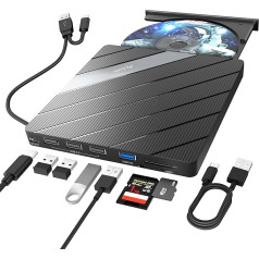 Alxum External DVD Drive for Laptop CD/DVD Drive External with SD & TF Card Reader and USB 2.0 USB 3.0 Ports, CD Drive External USB and USB C for Laptop, Desktop, MacBook, Windows, Linux, Mac OS,