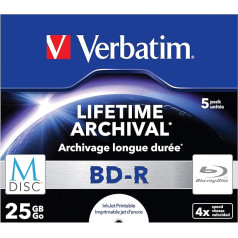 Verbatim MDISC BD-R Blu-ray Rohlinge, 25 GB, Blu-ray-Disc mit 4-facher Schreibgeschwindigkeit, 5er-Pack Jewel Case, großflächig bedruckbar, Blu-ray-Disks für Video- und Audiodateien