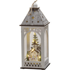 Konstsmide 3271-210 LED Wooden Lantern with Church, White, 6h Timer, 8 Warm White Diodes, Battery Operated, Indoor
