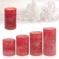 Smart-Planet Set of 4 Rustic Pillar Candles Ambience Christmas - Rustic Advent Wreath Candle in Red/Red - 8/10/12/14 cm - Red Candle Advent Christmas Candle