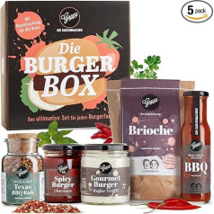 Gepp's Delicatessen burger box gift set, filled with the finest barbecue and BBQ sauces, Texas BBQ rub and brioche, gift idea for barbecues and burger evenings for dad, boyfriend and husband