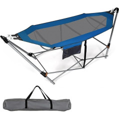 COSTWAY Foldable Hammock with Frame and Side Pocket, Hammock Frame 150kg Load Capacity Portable with Carry Bag for Indoor & Outdoor (Blue)