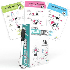 Flexies Pilates Ring Workout Cards - 58 Exercise Ring Cards with Pilates Circle, Training Posture, Instructions and Breathing Tips, Includes Dry Erase Marker and Jump Ring, Pilates Equipment