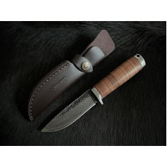 Oldpard High Quality Fixed Blade Knife with Leather Sheath Cover | High Carbon Steel Damask Pattern | Barbecue, Camping, Fishing, Survival Tools