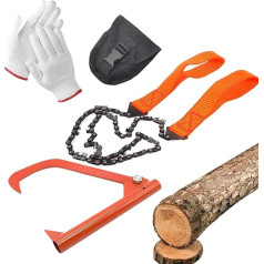 Taschenkettensäge für Camping,Taschenkettenseilsäge, Jagdketten-Handsägen-Set, Jagdketten-Handsäge aus rostfreiem Stahl, tragbares 4-teiliges Set, zusammenklappbare Kettensäge mit Handschuhen für das