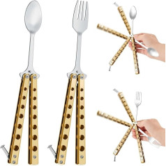 2 Pieces Butterfly Fork and Spoon Set, Tactical Butterfly Spoon, Foldable Stainless Steel Butterfly Fork for Travel, Barbecue, Kitchen, Camping, Hunting (Gold)
