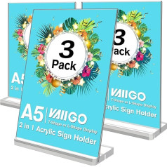 VAIIGO A5 Acrylic Sign Holder, Poster Menu Holder, Flyer Holder with Slanted Back and Upright Function, Clear Plastic Sign Holder, Paper Display Table Stand for Office, Pack of 3