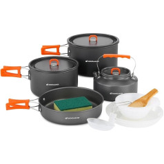 Odoland Camping Crockery Set, 15 Pieces, Outdoor Cookware Set with 2 Pots, Frying Pan and Kettle, Camping Cooking Pot Set, Aluminium Cookware for 4-5 People