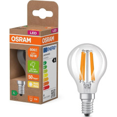 Osram Energy Class Classic Mini Ball LED Lamp, 3.8 W / 806 lm, Energy Class A, Warm White (2700 K) CRI 80, Clear Lead-Free Glass, E14 Cap, IP20, 45 mm DM, Pack of 6