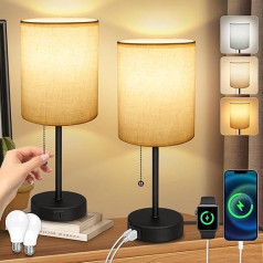 AmazeFun Bedside Lamp Set of 2, Table Lamp with USB A+Type-C Connections, Sockets, 2 LED Bulbs, 3 Colour Temperatures, Metal Base Linen Lampshade, Small Lamp for Bedroom, Living Room, Baby Room