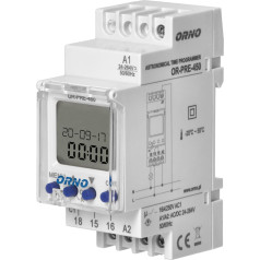 Elektroniskais astronomisko un laika programmētājs, 52 programmas, 3 izvēlņu valodas, 1 releja izeja maks.16A/230V, 2 moduļu platums, DIN TH-35mm