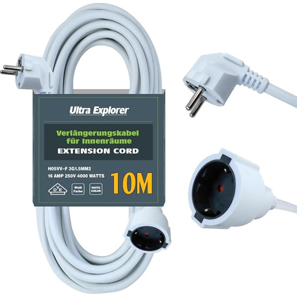 Extension Cable 10 m Cable Surge Protection - IP44 Waterproof Indoor Extension Cable - Insulated PVC - Against Overheating Socket H05VV-F 3G1.5 mm² - 16A 250V 4000W - White