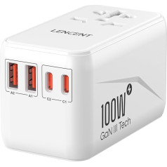 LENCENT Universal Travel Adapter 100W GaN3 International Travel Plug with 2 QC4.0 USB-A+2 PD3.0 Type-C PPS Fast Charging, Worldwide Wall Charger for USA/UK/EU/AU Sockets, White