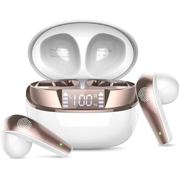 Bluetooth Headphones, Wireless Bluetooth 5.3 In-Ear Headphones with 4 Mics, Mini Wireless Headphones ENC Noise Reduction Earbuds, 40H Deep Bass, LED Display, IP7 Waterproof Earbuds, White Gold