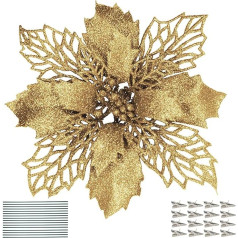 DWTECH 16 Pieces Poinsettia Flowers Artificial Flowers Glitter Poinsettia Christmas Wreath Christmas Tree Decorations for Christmas Decorations (16 cm) (Gold)