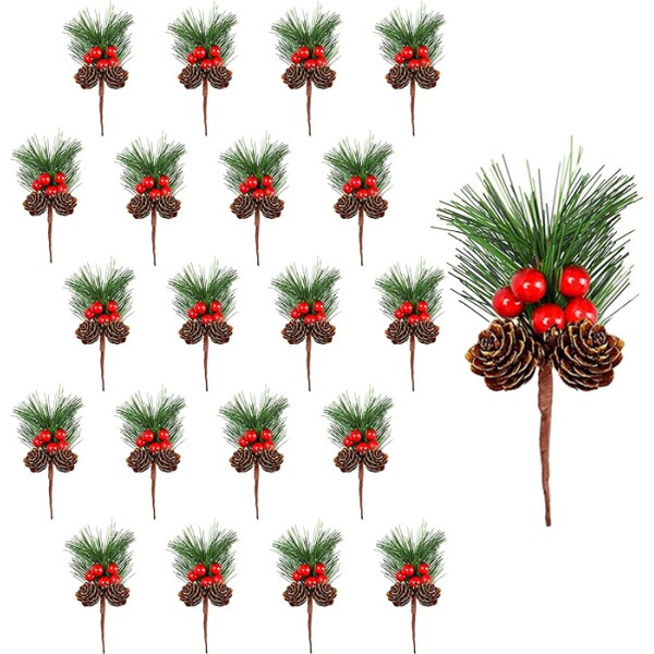 Small Artificial Pine Branches with Berries 20 Pieces Christmas Decoration