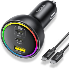 Baseus 152.5 W Cigarette Lighter USB C 3 Ports, RGB Car Charger with 100 W USB C Cable, Car Charger USB Adapter for MacBook Pro/Air, iPhone 16/15/14/13 Series, Samsung S24/S23, iPad, AirPods, etc