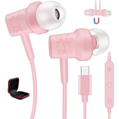 ACANDYA USB C Headphones Type C Earphones Wired Earbuds Magnetic In-Ear Headset Microphone Volume Control for iPhone 16 Plus 15 Pro Max iPad Galaxy S24 FE Ultra S23 S22 A54 Pixel 8 7 for OnePlus Pink