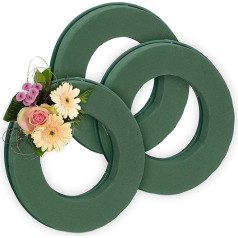 Relaxdays Floral Foam for Fresh Flowers, Set of 3, Ring, Diameter 25 cm, Flower Arrangement for Crafts, Foam Wreath, Green