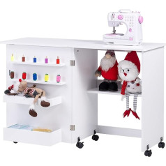 Vividwood Folding Sewing Table, Multipurpose Craft Station & Side Table with Compact Design, Wheels, Shelves, Containers, Stakes, Magnetic Doors, Metal Door Knobs - White