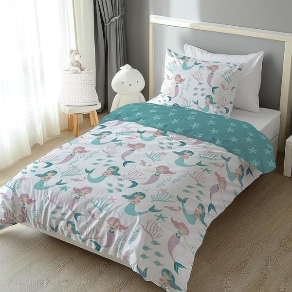 LINKHOFF Mermaid Bed Linen 135 x 200 cm 2-Piece Mermaid Girls' Bed Linen Turquoise 100% Cotton Children's Bed Linen