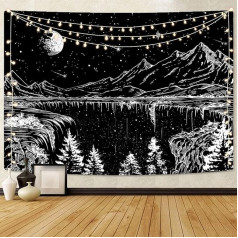 Simpkeely Black and White Tapestry Starry Night Tapestry Mountain Tapestry Moon Stars Tapestry for Bedroom Living Room - 180 cm x 230 cm