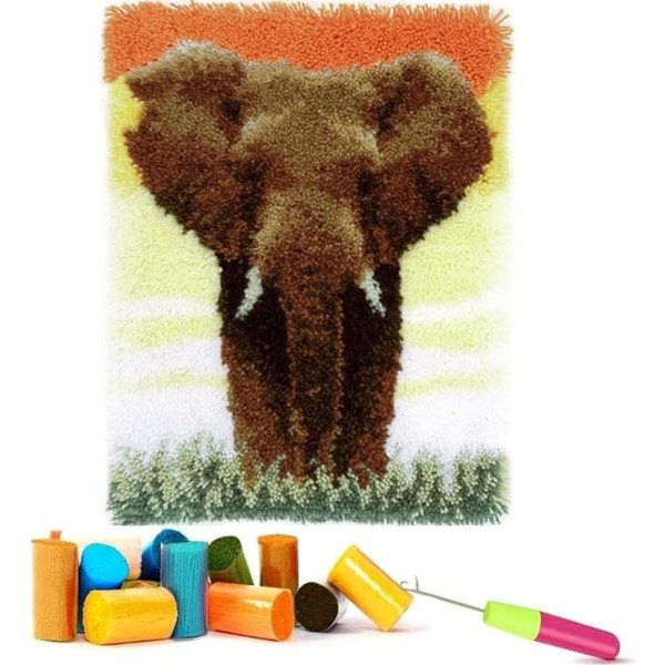 EMISTEM Latch Hook Sets for Adults - DIY Latch Hook Rug Sets for Kids, Crochet Kit for Beginners, Rug Making Kits with Printed Canvas, Gift Wrapping (Elephant, 15 x 21 Inch)