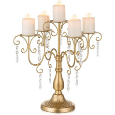 Sziqiqi Candle Holder Gold Candle Holder 5 Arms Candle Holder for Pillar Candle with Crystal Pendant Decorative for Wedding Christmas Table Decoration